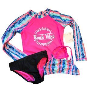 BEACH VIBES Swim Bikini and Rashguard Top Pink Tie Dye Girls 4/5 JJ1963